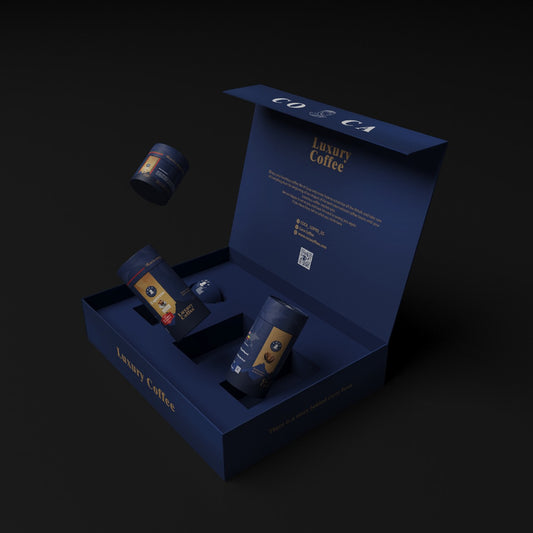 A luxury box that holds 3 packages of premium coffee of your choice ‏ With a cup of coca